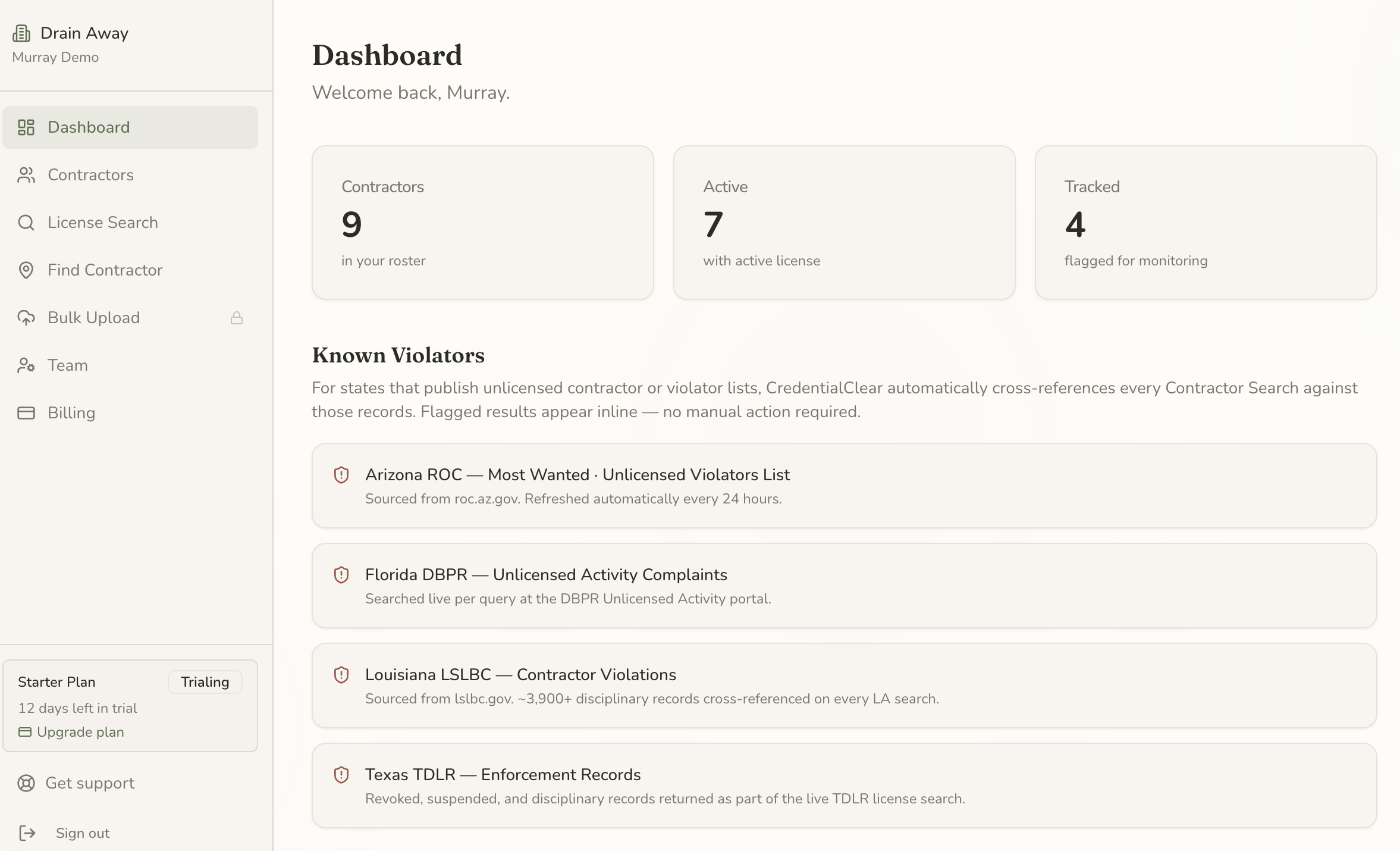 CredentialClear portal dashboard showing contractor roster, license status, and known violator alerts